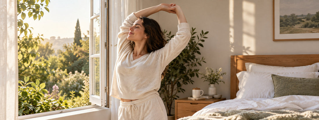 An adult stretches beside a bedroom window at sunrise, with white bedding and a garden beyond.