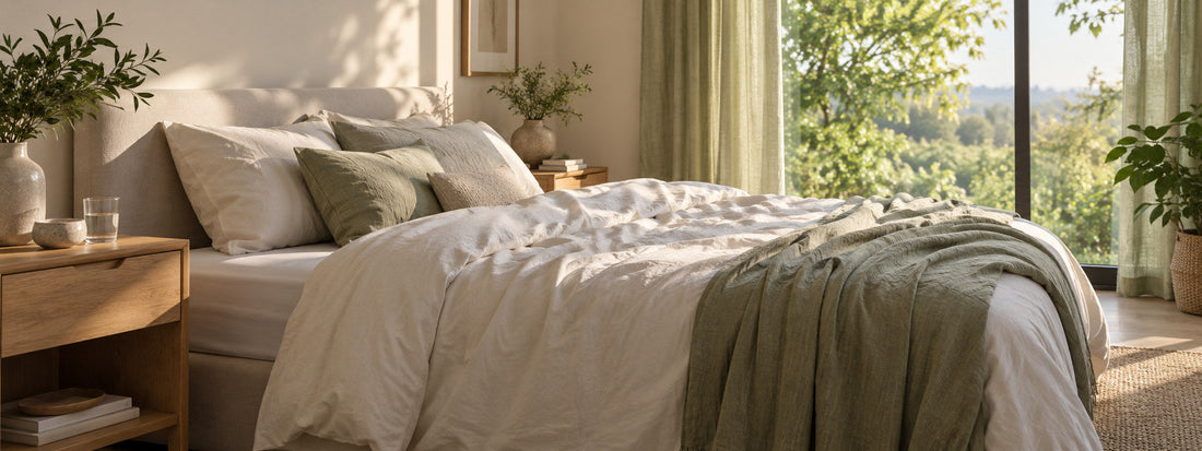 Soft morning light falls across white bedding, an oak bedside table and pale olive curtains.