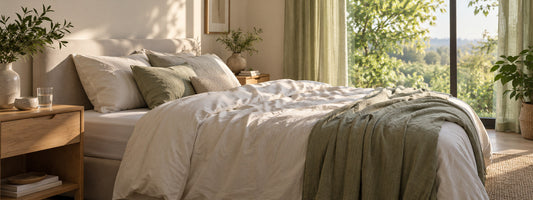 Soft morning light falls across white bedding, an oak bedside table and pale olive curtains.