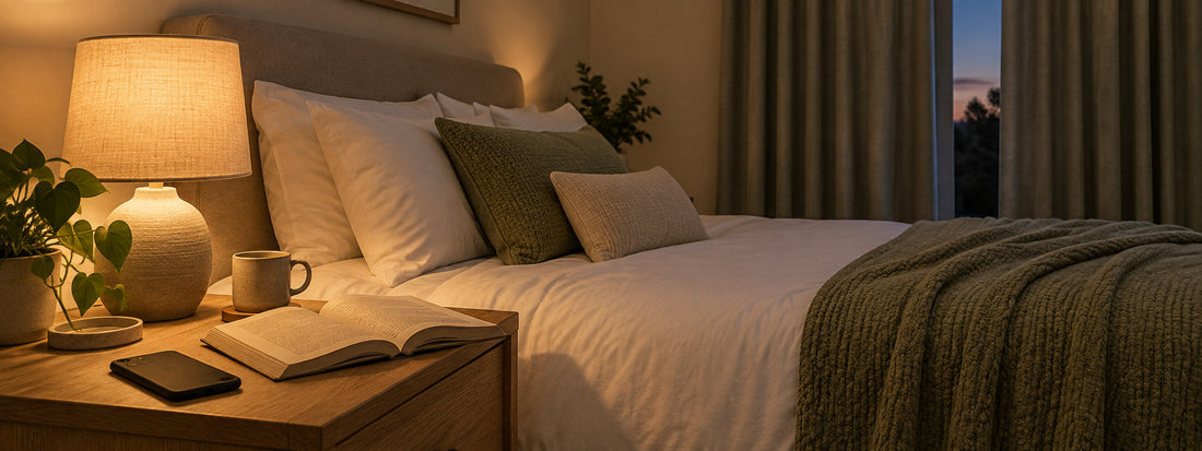 An open book and a face-down phone sit under a warm bedside lamp beside white bedding.