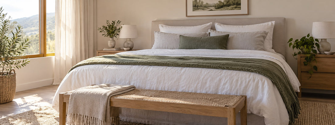 A sunlit bedroom with white bedding, a green throw, oak bedside furniture, and plants.