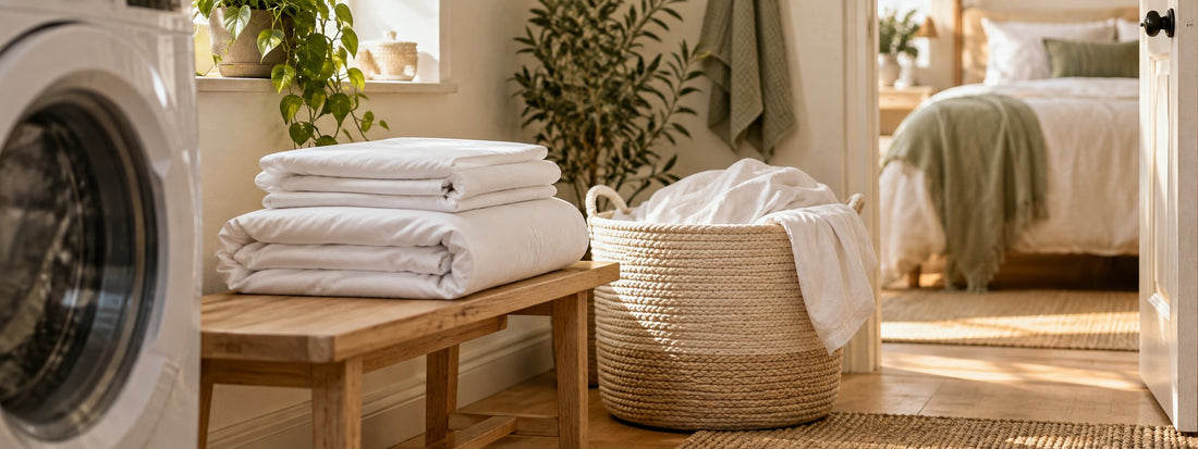 Folded white bedding on an oak bench beside a woven laundry basket, with a washer and softly lit bedroom nearby.