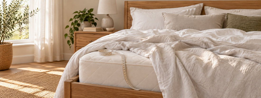 A sunlit bedroom with bedding folded back to expose a mattress corner and a measuring tape draped over its side.