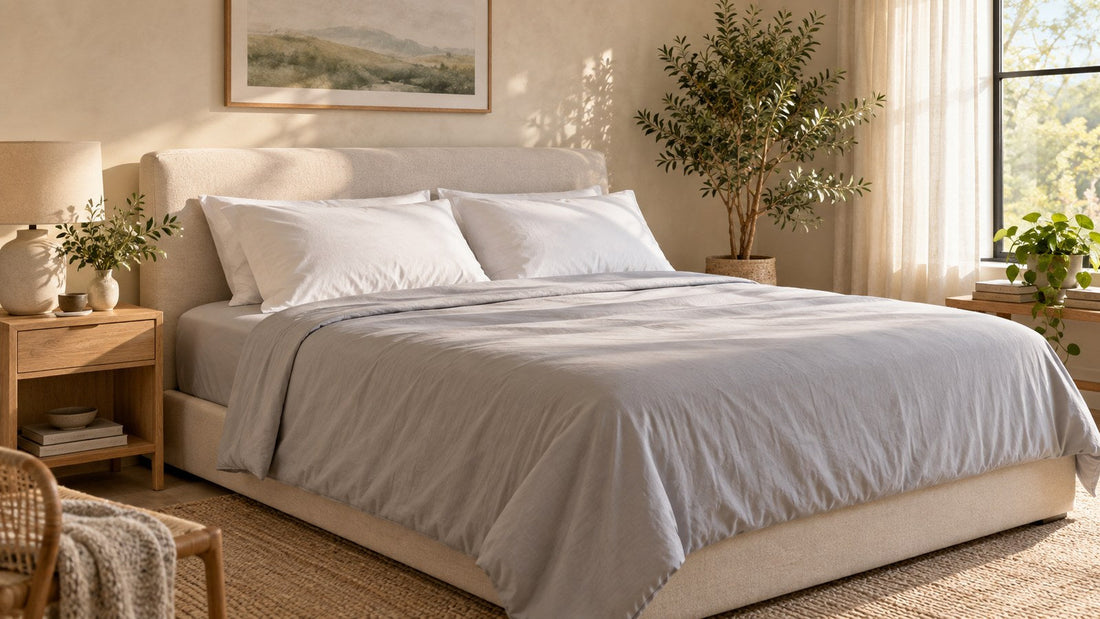 A sunlit bedroom with light gray bedding, white pillows, a cream headboard, and leafy green plants.