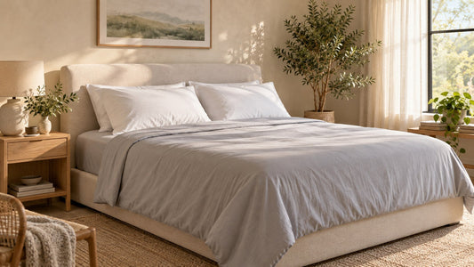 A sunlit bedroom with light gray bedding, white pillows, a cream headboard, and leafy green plants.