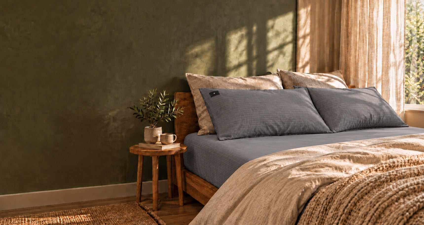 Gray Earthedin grounding bedding in a sunlit bedroom